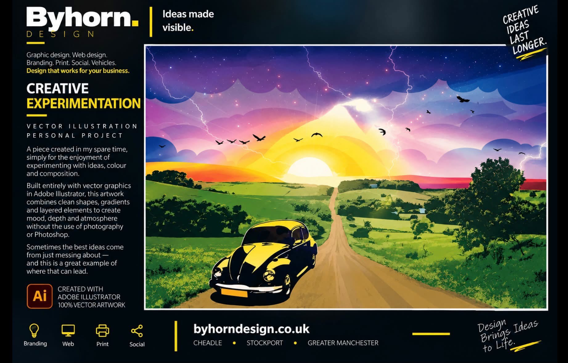 Black and yellow Beetle on a country road beneath a vivid sunset and layered purple sky