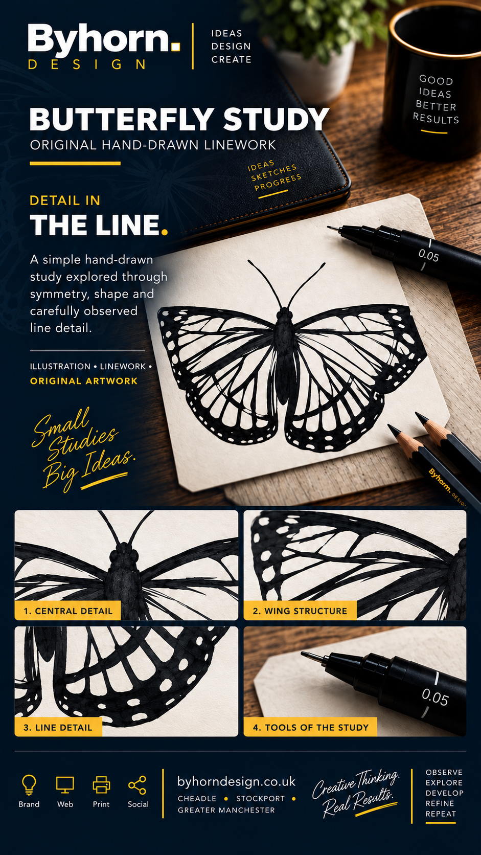 Complete hand-drawn butterfly with both wings and antennae