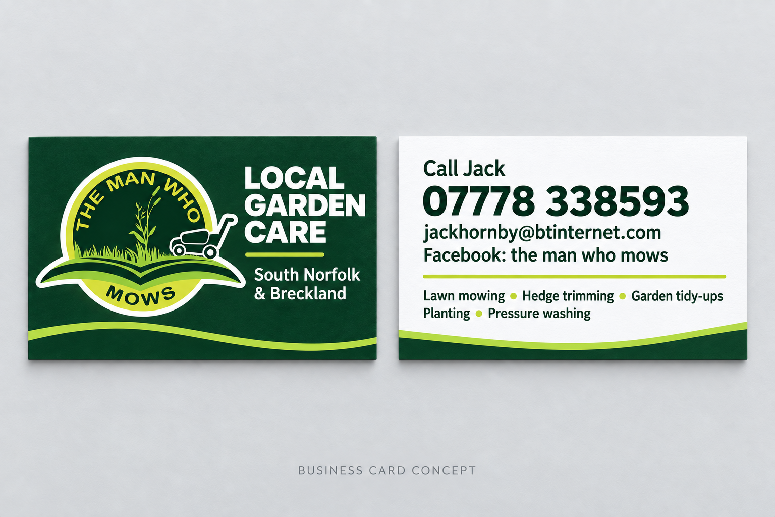 Front of The Man Who Mows business card concept with green background, lime wave and large logo