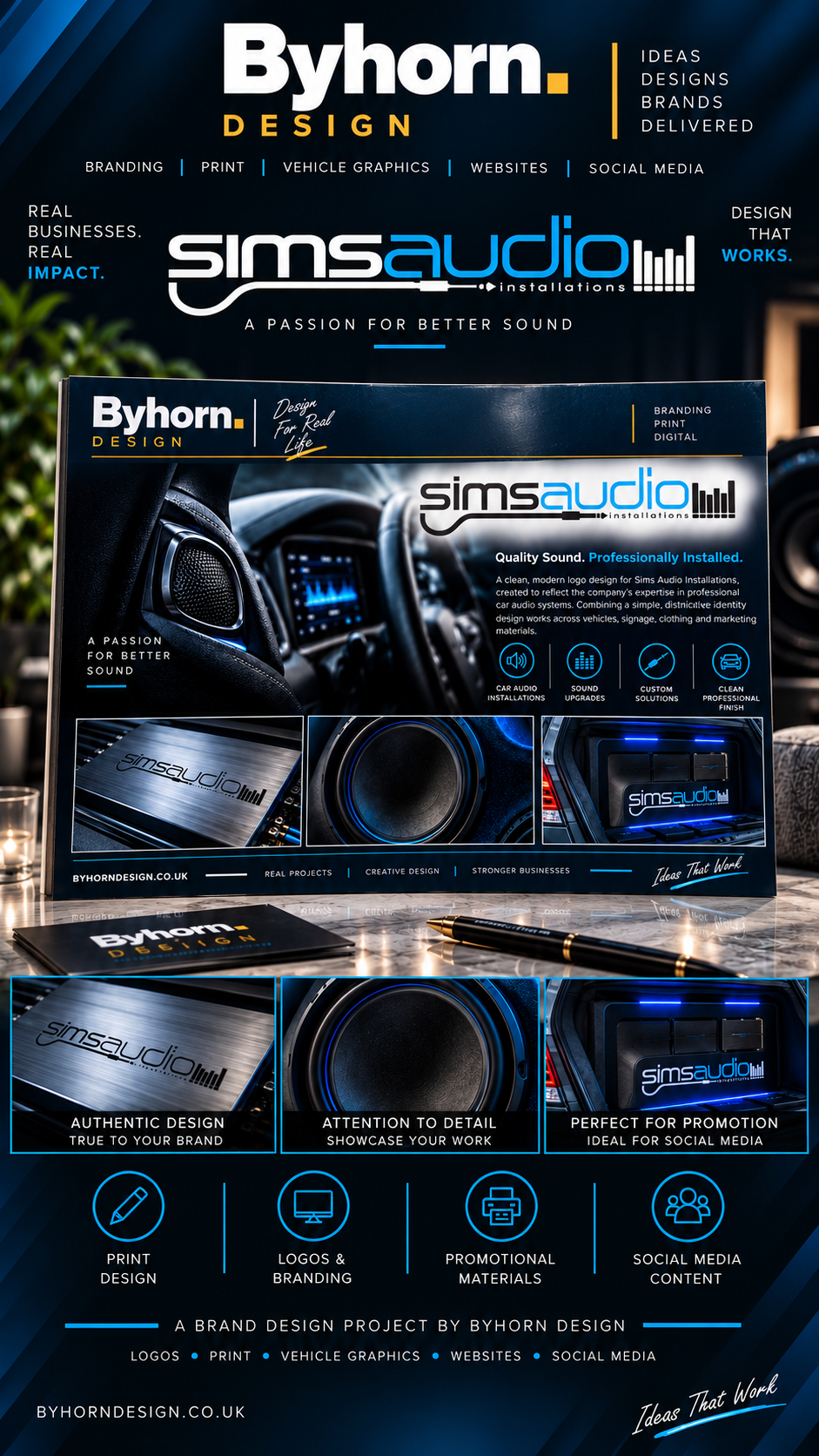 Sims Audio logo and automotive installation presentation