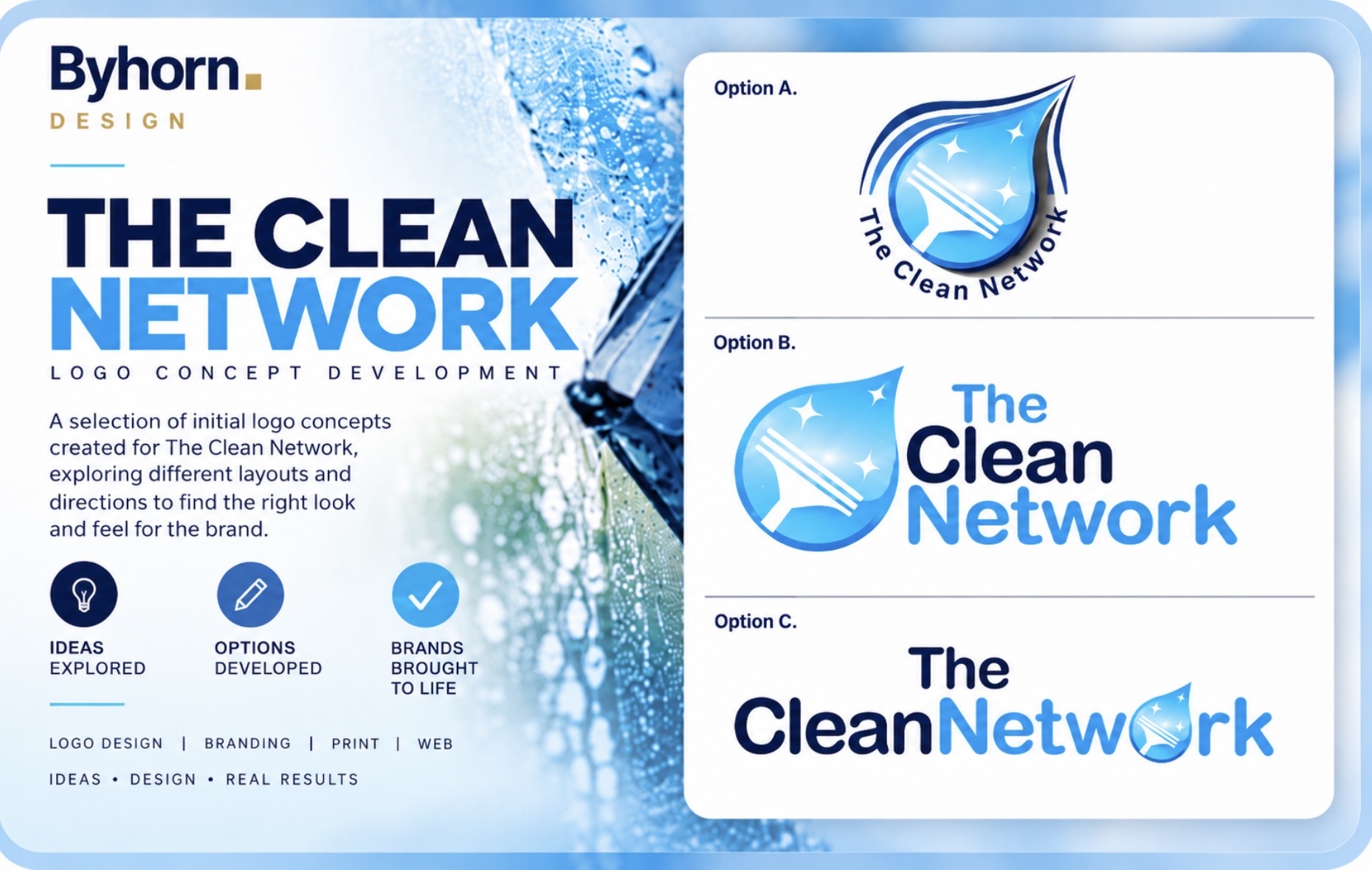 Byhorn Design landscape presentation of three Clean Network logo concepts, using blue water drops and window-cleaning imagery