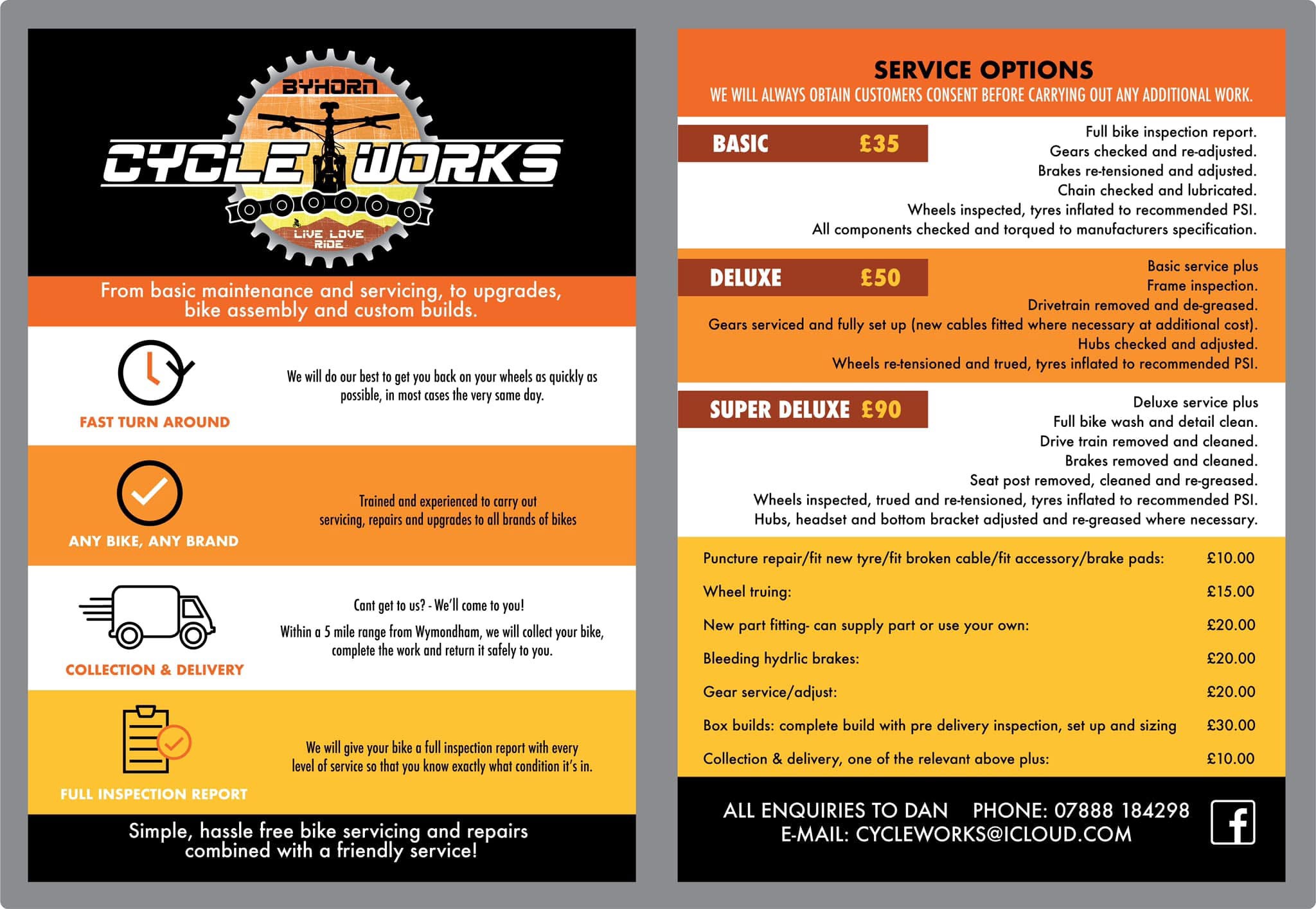 Orange, black and yellow Byhorn Cycle Works double-sided service leaflet concept