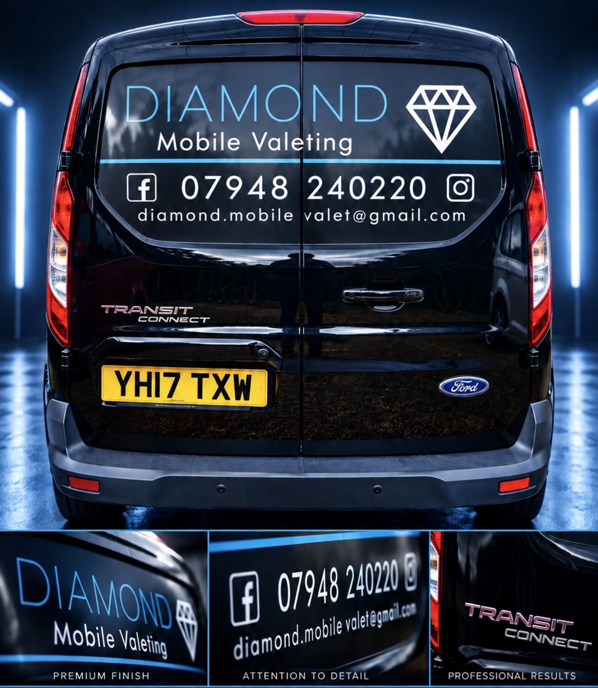 Diamond Mobile Valeting promotional graphic showing blue and white rear-door van graphics, contact information and three close-up panels