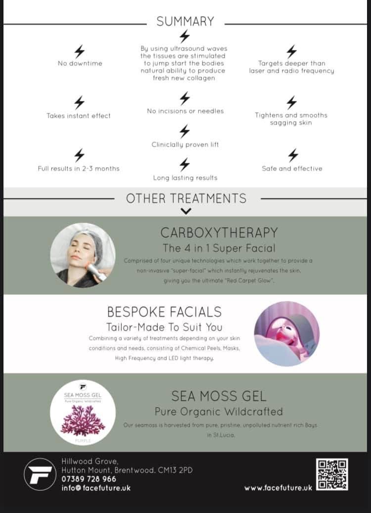 Reverse of the archived Face Future flyer with treatment information, circular photographs and contact details