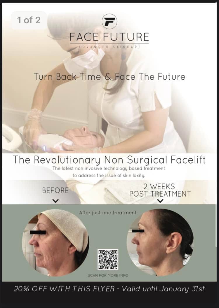 Front of the archived Face Future skincare promotional flyer, using muted green, cream and treatment photography