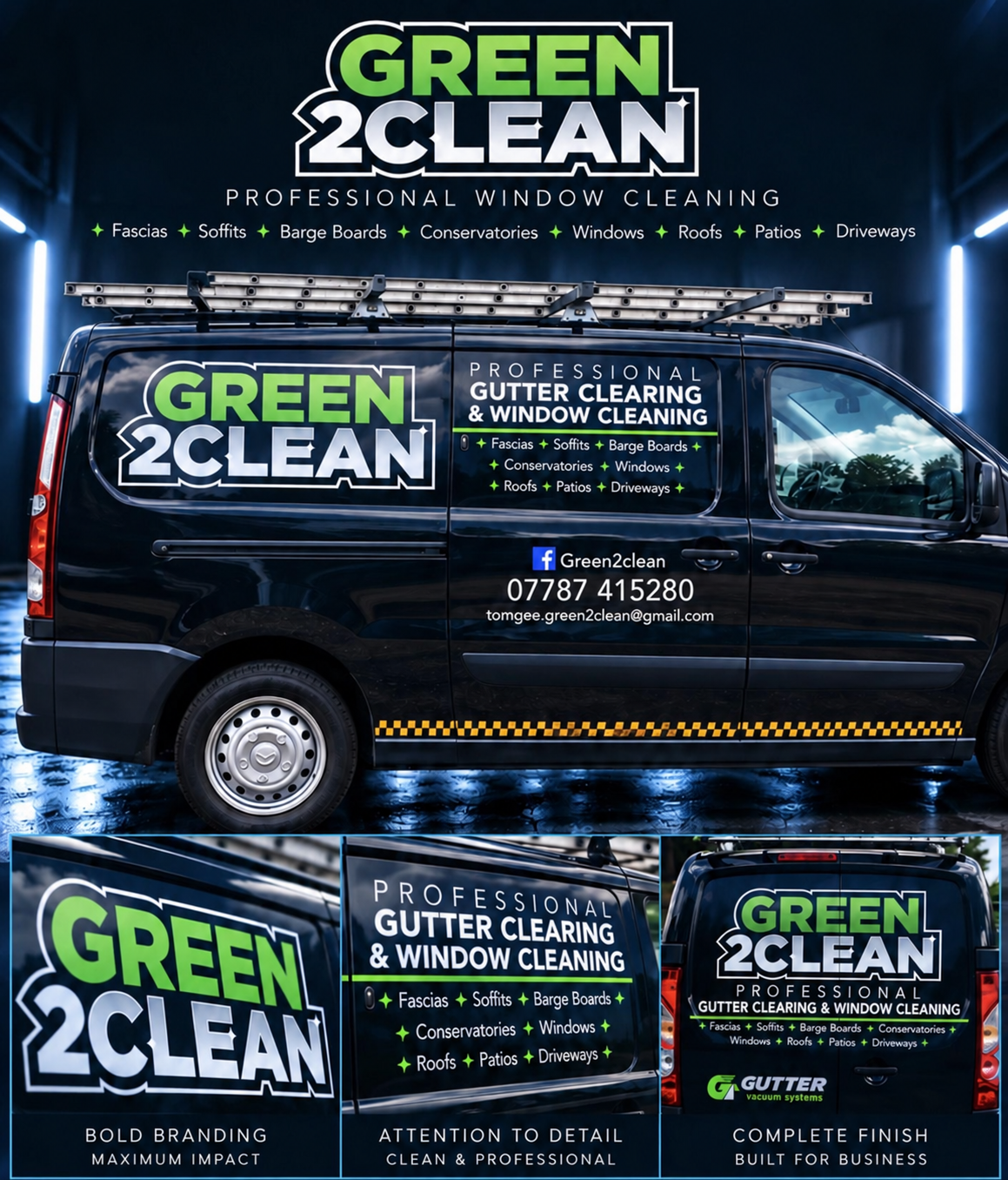 Green2Clean promotional graphic showing the green and white van branding, cleaning services and three close-up panels against a blue-lit background