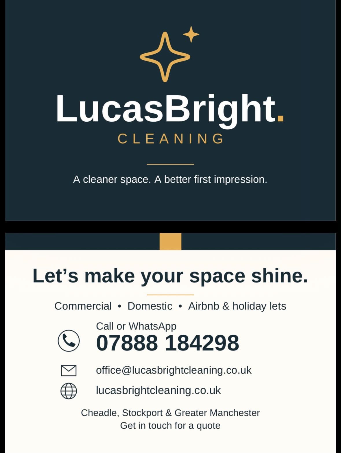 Front of the LucasBright business card with the original navy-and-gold logo and tagline