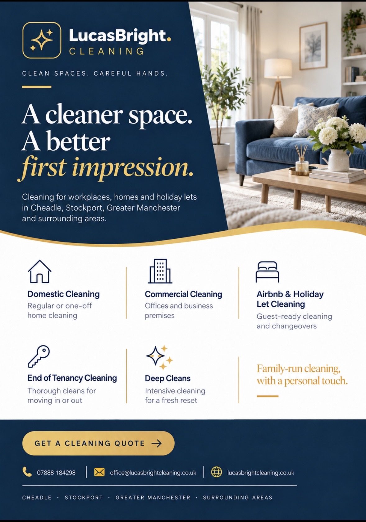 LucasBright all-services flyer with a living-room photograph and five cleaning service categories