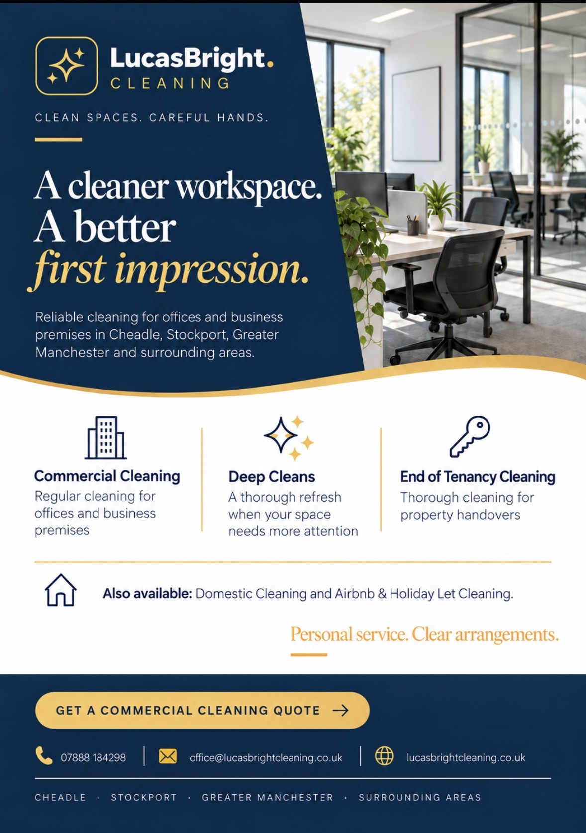 LucasBright commercial cleaning flyer using an office photograph and the message A cleaner workspace. A better first impression.