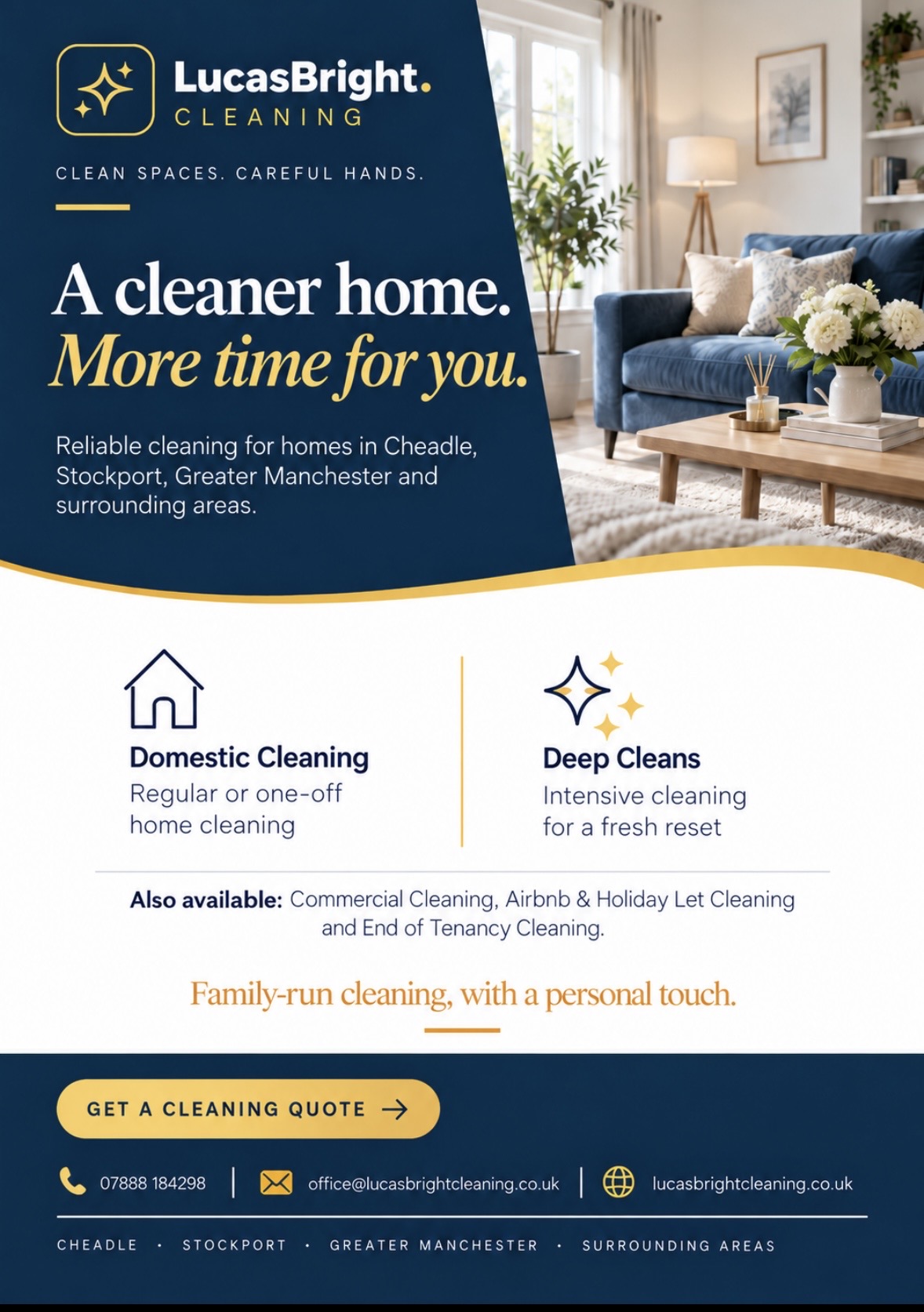 LucasBright domestic cleaning and deep-clean flyer headed A cleaner home. More time for you.