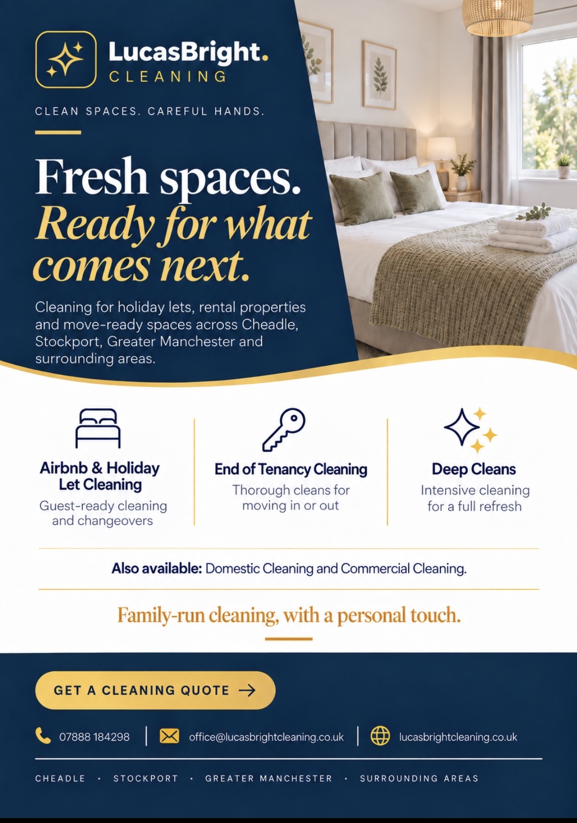 LucasBright holiday-let, end-of-tenancy and deep-clean flyer with a guest-ready bedroom photograph