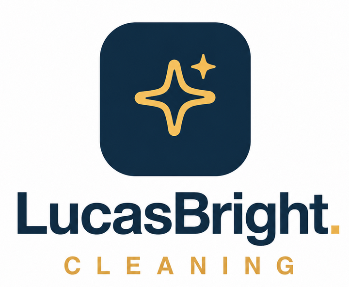 LucasBright Cleaning logo designed by Daniel Hornby: gold sparkle mark and navy lettering