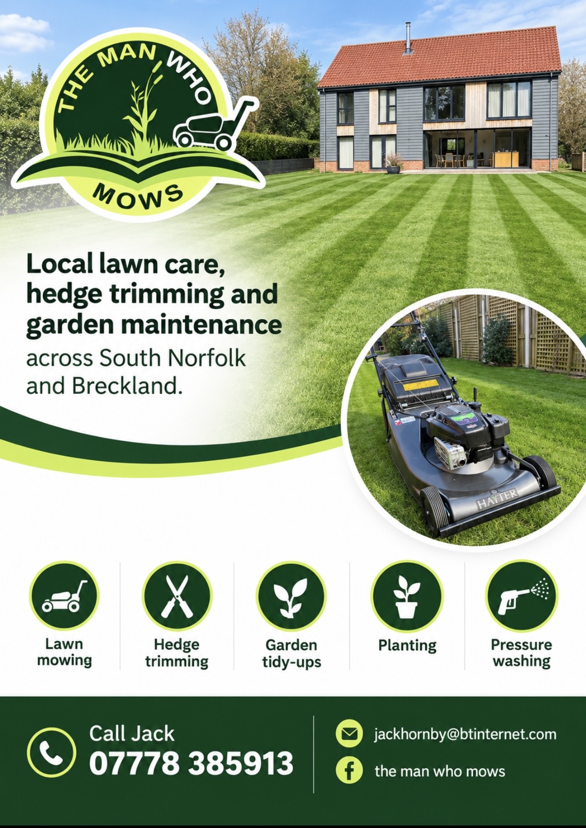 The Man Who Mows flyer option one, with a house and lawn photograph, circular mower photograph and five garden-service icons