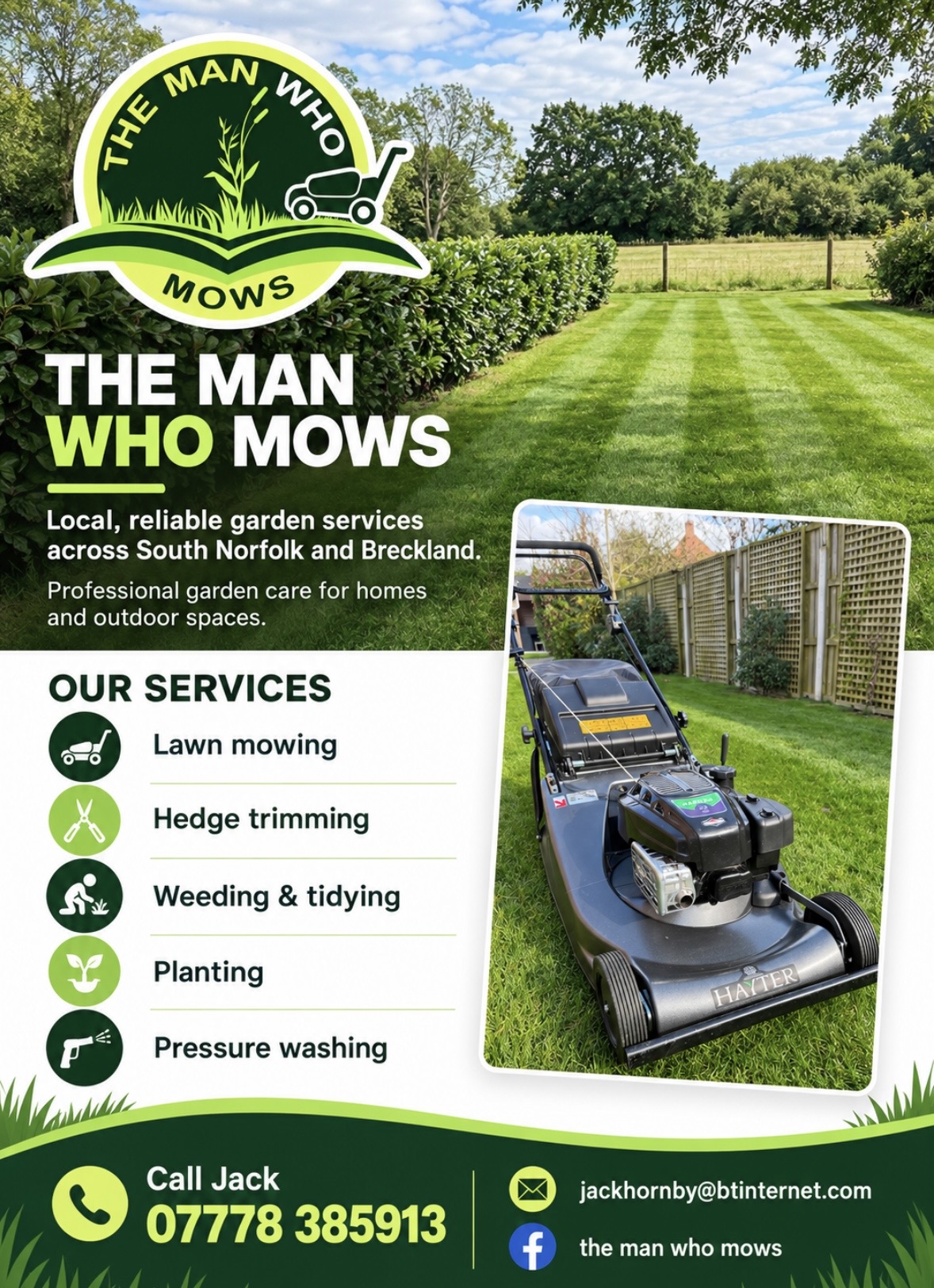 The Man Who Mows flyer option two, with a striped lawn, bold white and lime headline, stacked service list and large mower photograph