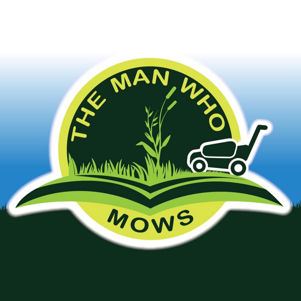 The Man Who Mows circular green and lime logo, with grasses and a lawn mower, designed by Daniel Hornby