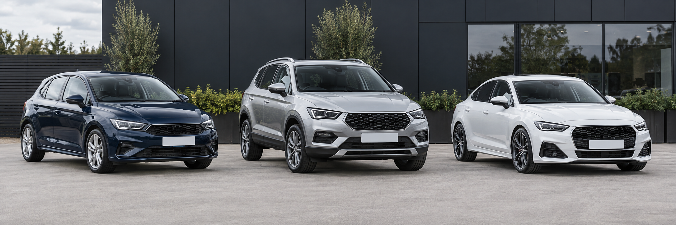 Abbey Cars concept website forecourt with a row of vehicles