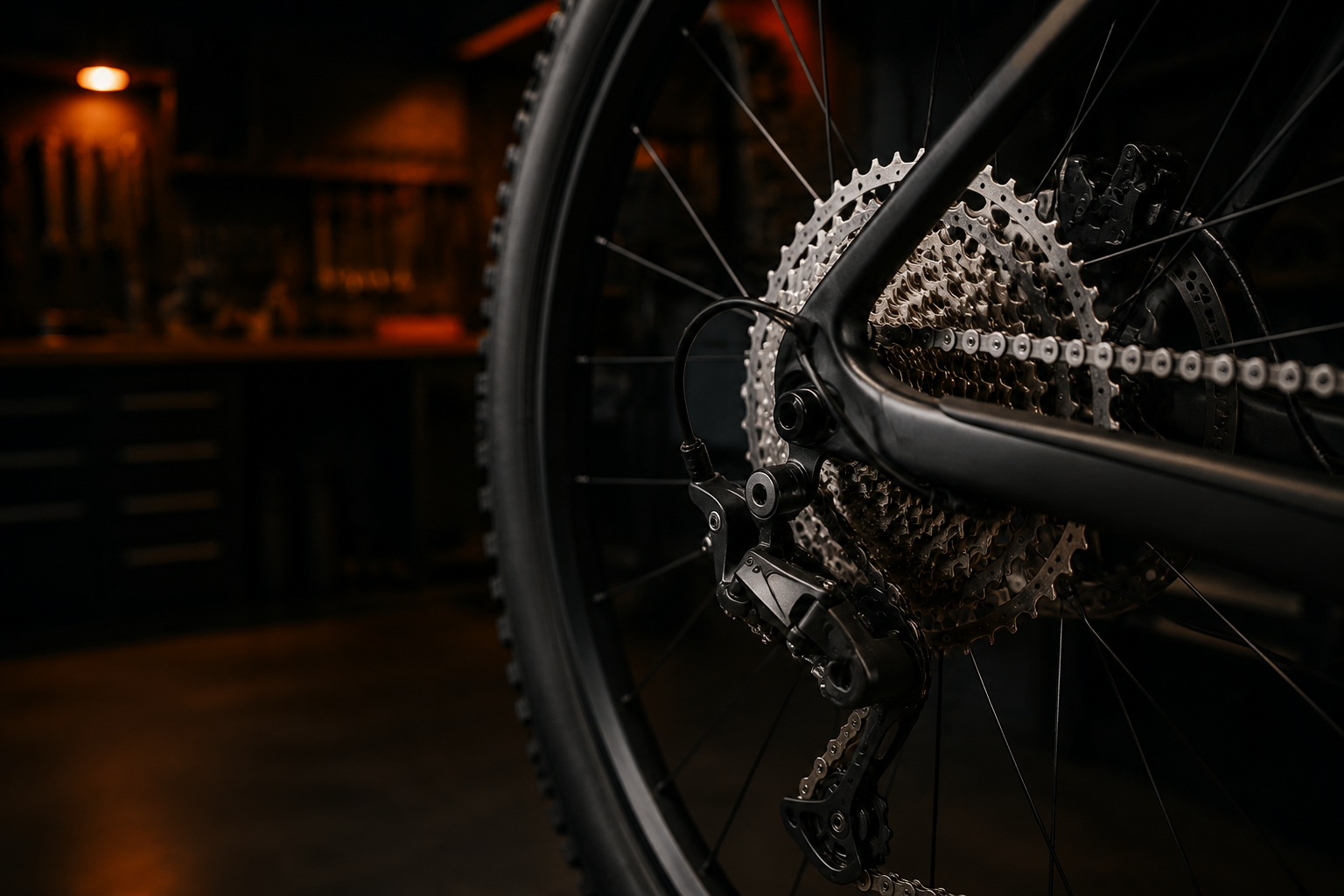 Mountain bike drivetrain in warm workshop lighting, from the Byhorn Cycle Works concept website